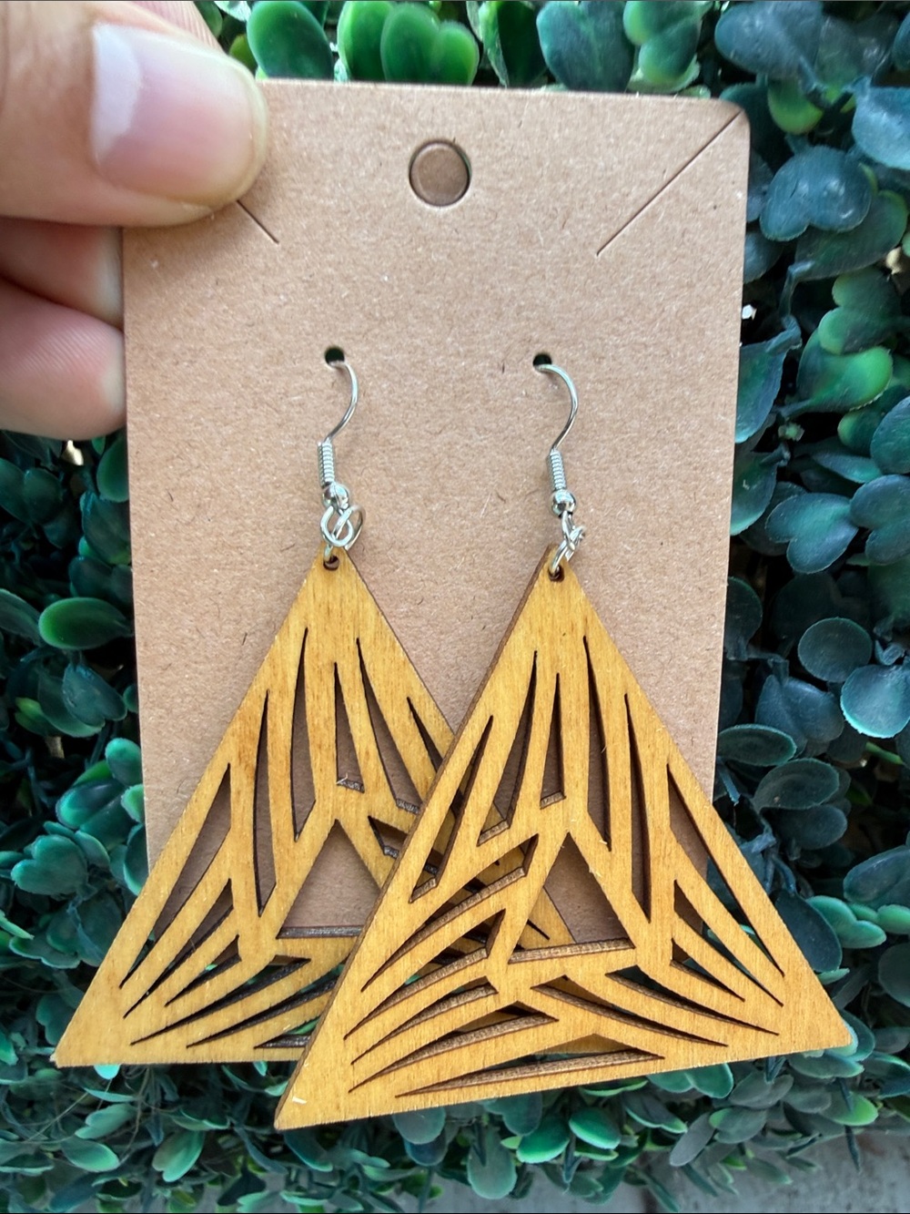 Hand Crafted Tan Geometric Laser-Cut Wooden Triangle Earrings